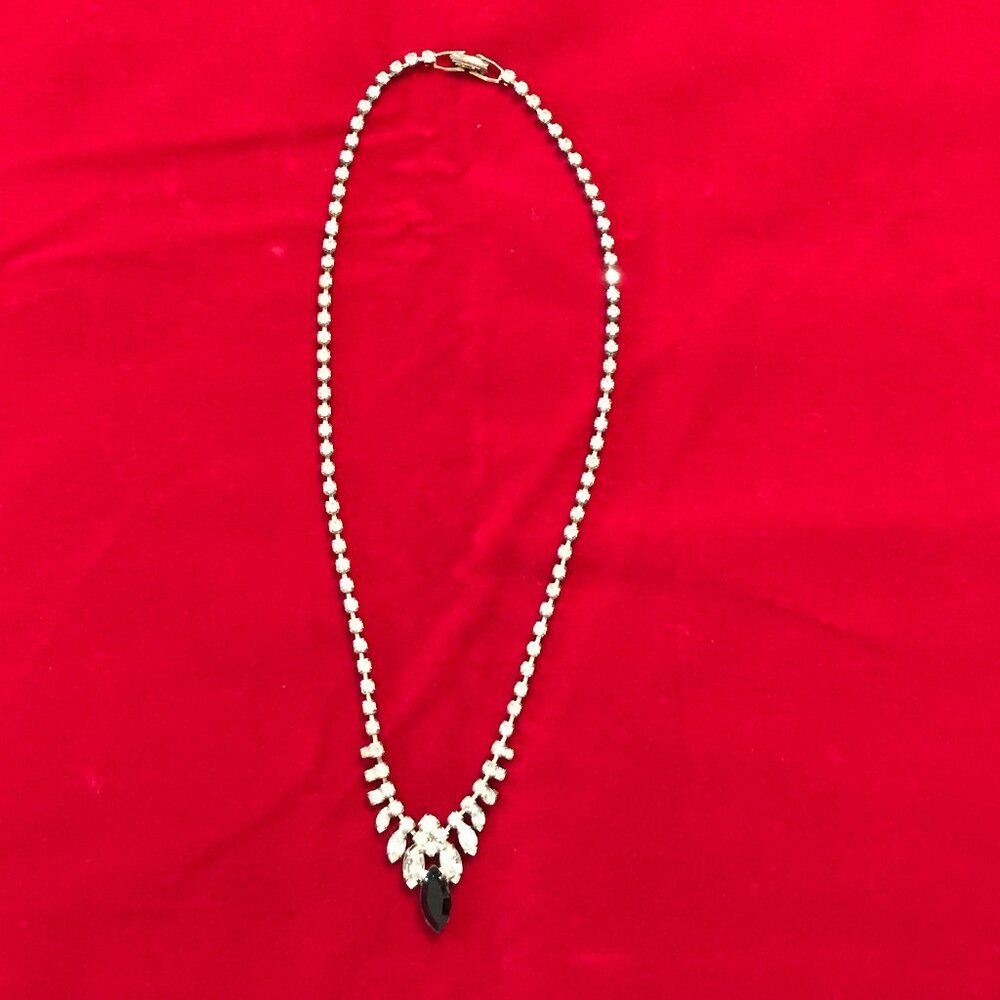 Vintage V Line Necklace Clear Crystals with Large Black Marquee